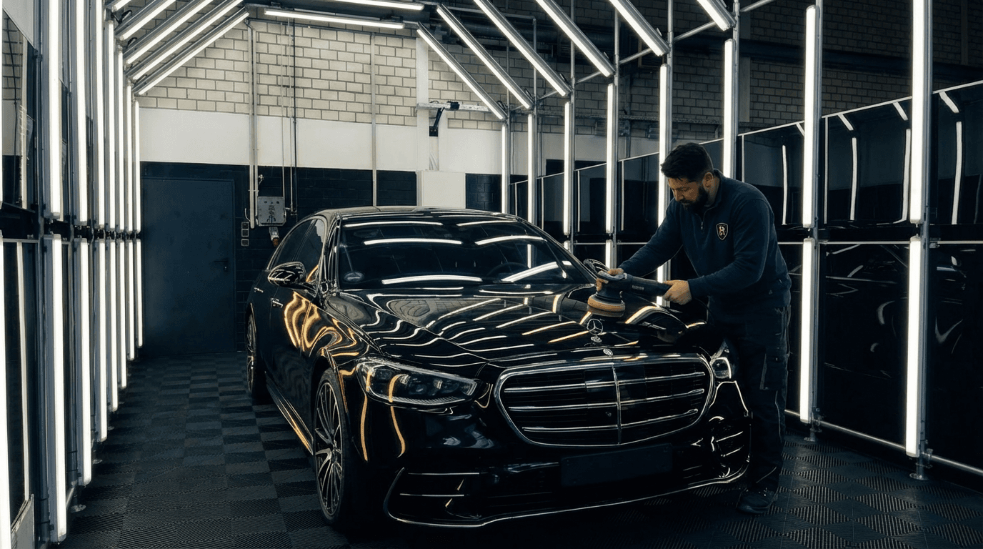 Schwarze Mercedes S-Klasse wird in der Werkstatt von Fahrzeugaufbereitung Berisha professionell poliert